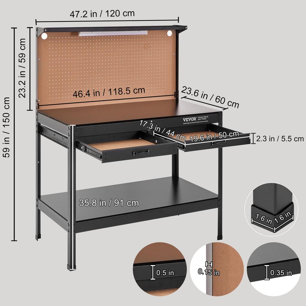 SucceBuy 2000lbs Hardwood Workbench Heavy Oak Plank Work Table Carbon Steel with 3m Cable 30 Hooks for Garage Office Workshop