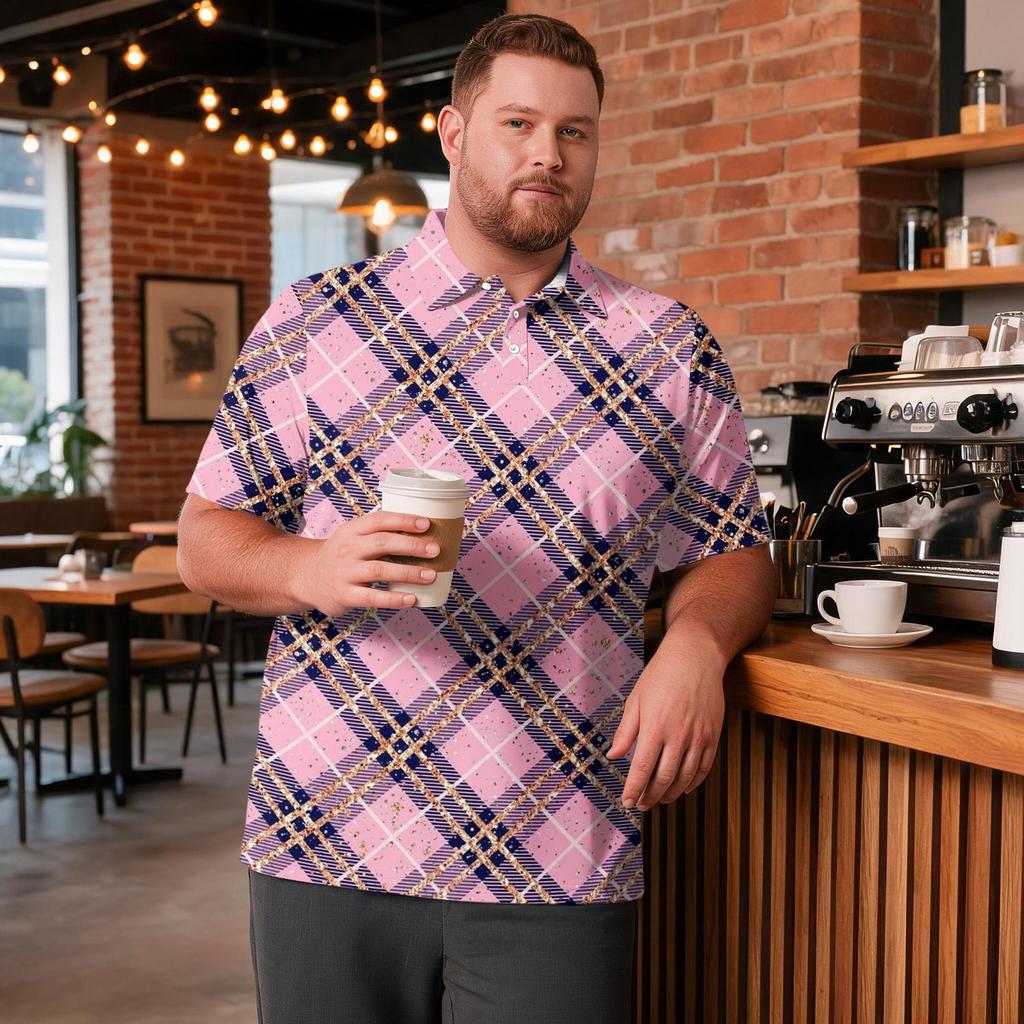 Men's Big Size Plaid Print Golf Polo Shirt Breathable Short Sleeve Collared Casual Workwear Top