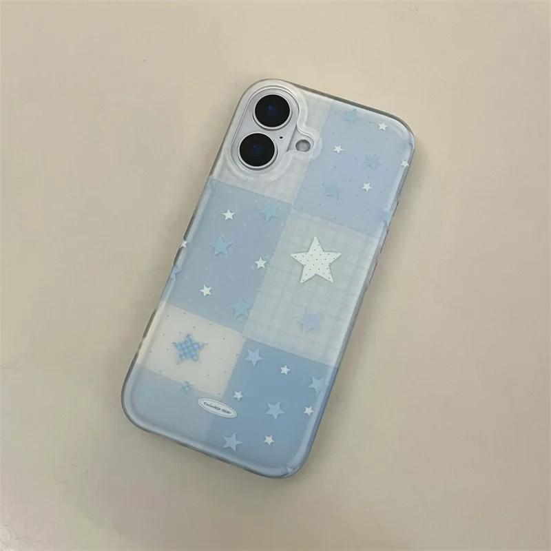 Cute Blue Plaid Star Phone Case for Samsung Galaxy S26 S25 S24 S23 S22 S21 FE Ultra Plus 4G 5G Feather Texture Back Cover