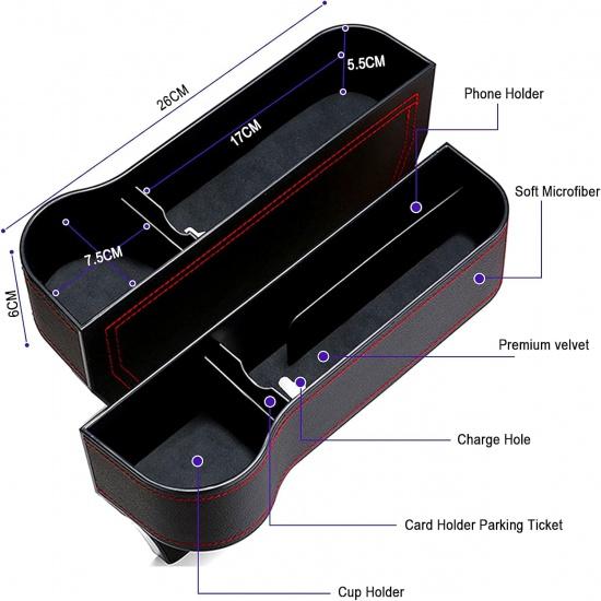 Car Seat Gap Filler Organizer, 2 Pack Multifunctional Car Seat Organizer, Auto Console Side Storage Box with Cup Holders 2 Seat Hooks for Drink, Car