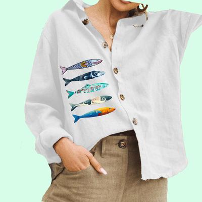 Camisa Feminina da Moda com Botões Casual Algodão Linho Top Senhoras Blusa Estampa de Peixe