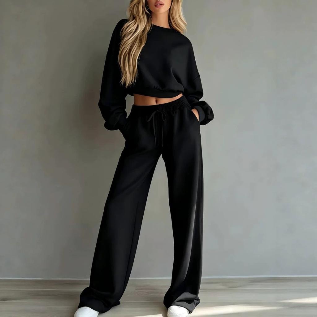 Women Tracksuit Set Long Sleeve Crop Top And High Waist Sweatpants Casual Loose Fit Loungewear Two Piece Set
