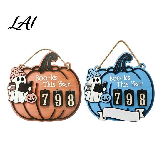 Halloween Reading Counter Ghost Pumpkin Tracker Wooden Hanging Sign Sliding Number for Book Read This Year Digital Spooky Decor with Jute