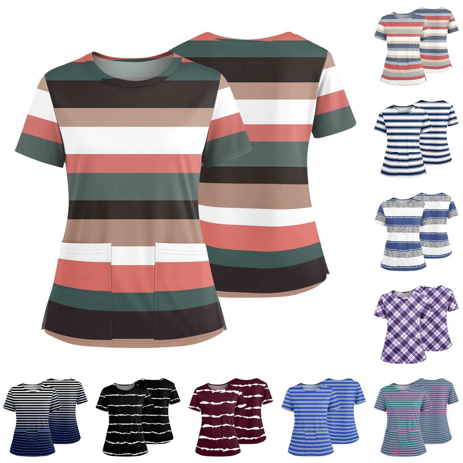 

Women s Fashionable Printed Round Neck Pocket Short Sleeved Shirt With Slit Hem Uniform And Worker s Top XL білий