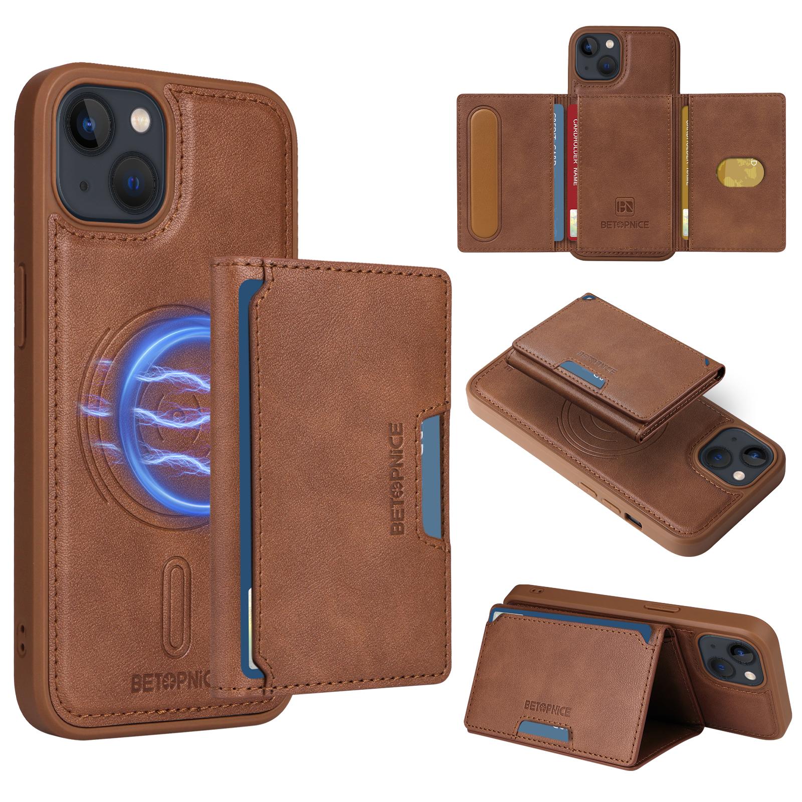 

For iPhone 14/iPhone 13 6.1 inch Magnetic Case BETOPNICE Leather Phone Cover Kickstand with Detachable Card Bag Brown