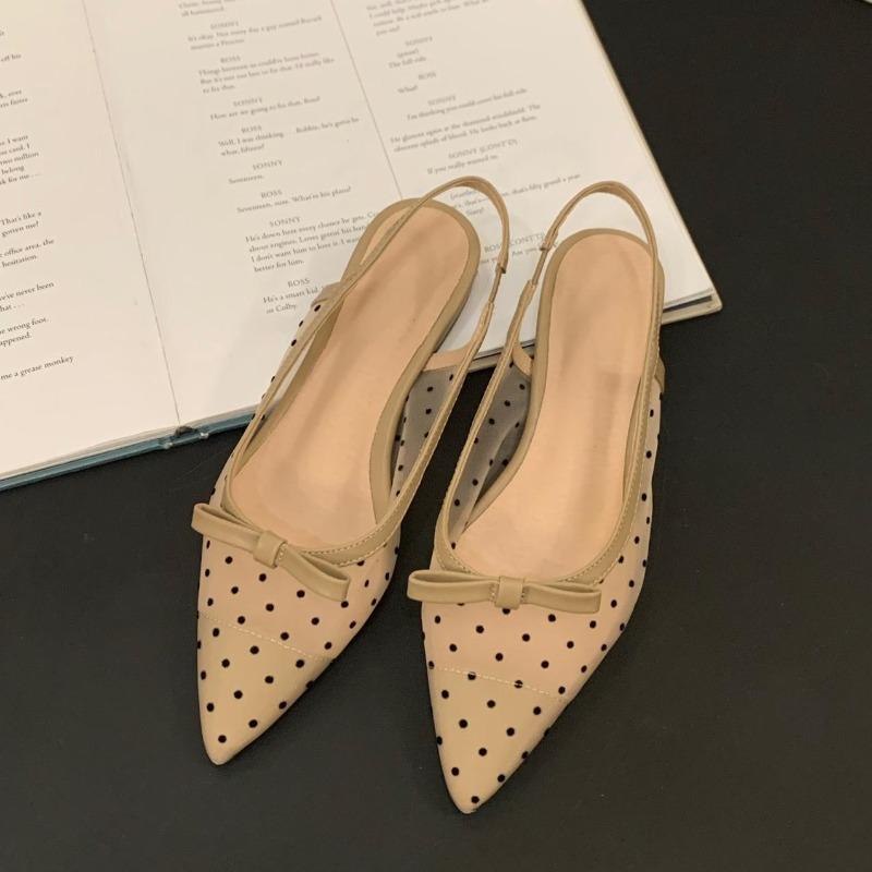 Hot Selling 2025 Low Heel Bow Baotou Sandal Summer Mesh Breathable Polka Dot Single Shoe Pointed Toe Wear Sandales Women's Shoes