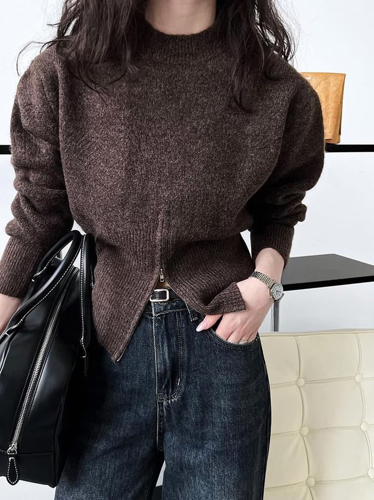 Knit Top Sweater for Long Crew Short Zip Slimming Available in Three Brown [JINJUDUO] Women, Sleeve, Autumn/Winter, Lightweight, Neck, Casual,