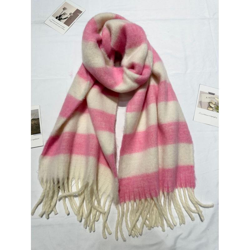 New Style Mohair Striped Colorful Scarf for Women in Winter Korean Style Thickened and Warm with Plush Scarf for Men