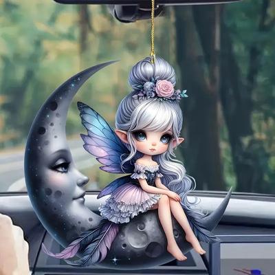 Nová plochá 2D akrylová plochá květina víla zelená čerstvá dívka karikatura přívěsek do auta přívěsek na tašku