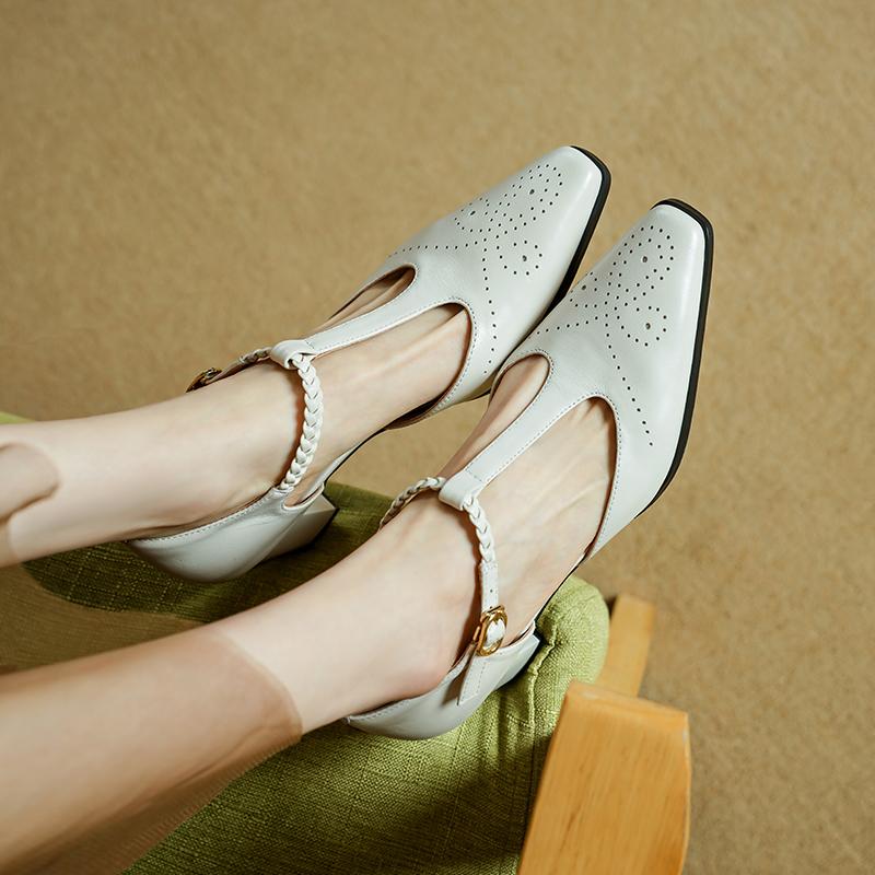 Fashion 2025 Summer Women Sandals Genuine Leather Sexy Pointed Toe T Strap Party Shoes High Heel Summer Pumps Hollow Shoes Woman 34-40