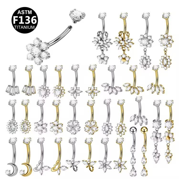 G23 Titanium Alloy 5A Zirconia Body Jewelry Navel Ring Belly Piercing Electroplated Fashion Dangle Earrings #18&1.6*10mm