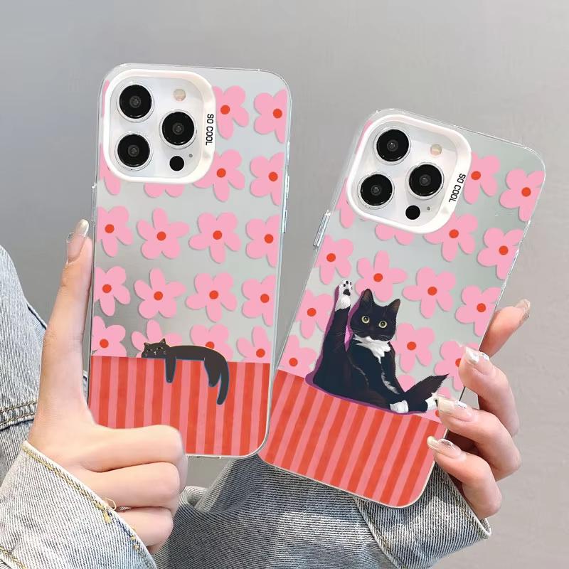 Pink Flower And Black Cats Pattern Phone Case For iPhone 17 Pro Max 16 15 Pro 14 13 Mini 12 11 XR XS 17Air Plus Hard Matte Cover