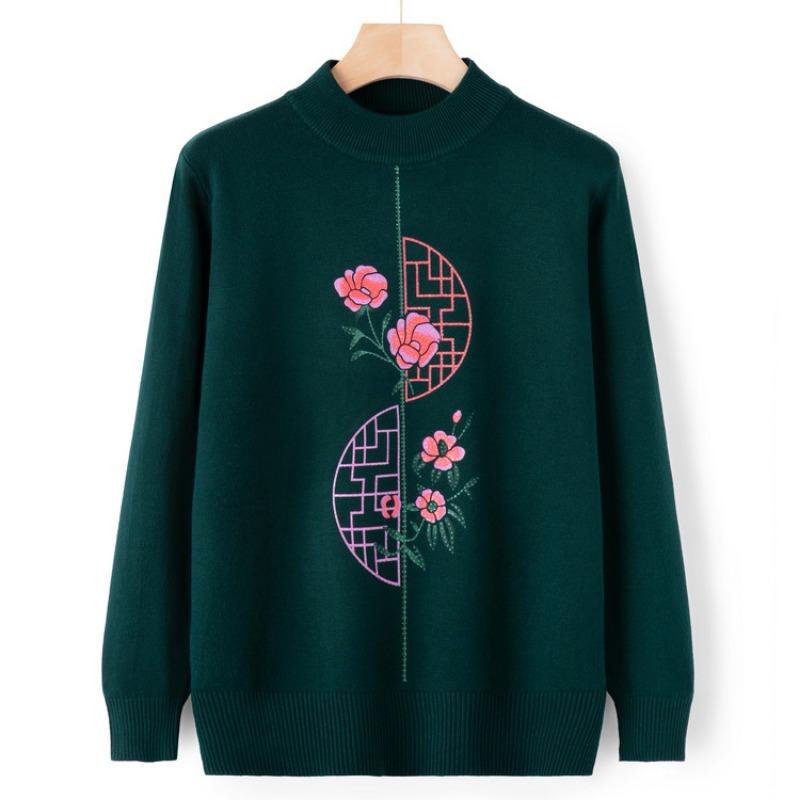 Mom Autumn Knitted Sweater Top Medium and Old Autumn and Winter Crew Neck Bottoming Shirt Grandma Pullover Sweater Elderly Clothes
