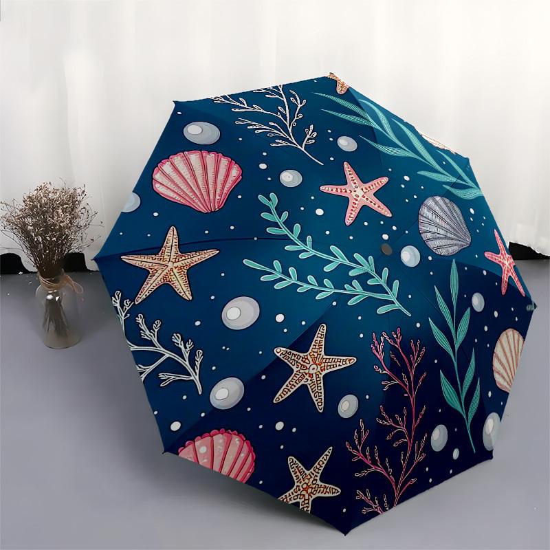 1pc Oceanic Seashells Starfish Coral Pattern Umbrella with Plastic Handle,Suitable for All Seasons Home Travel Outdoor UmbrellaB1856