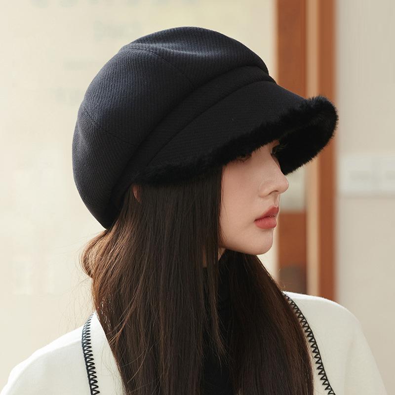 Thick Plush Octagonal Hat Women's British Solid Color Painter Hat Autumn Winter Newsboy Hat