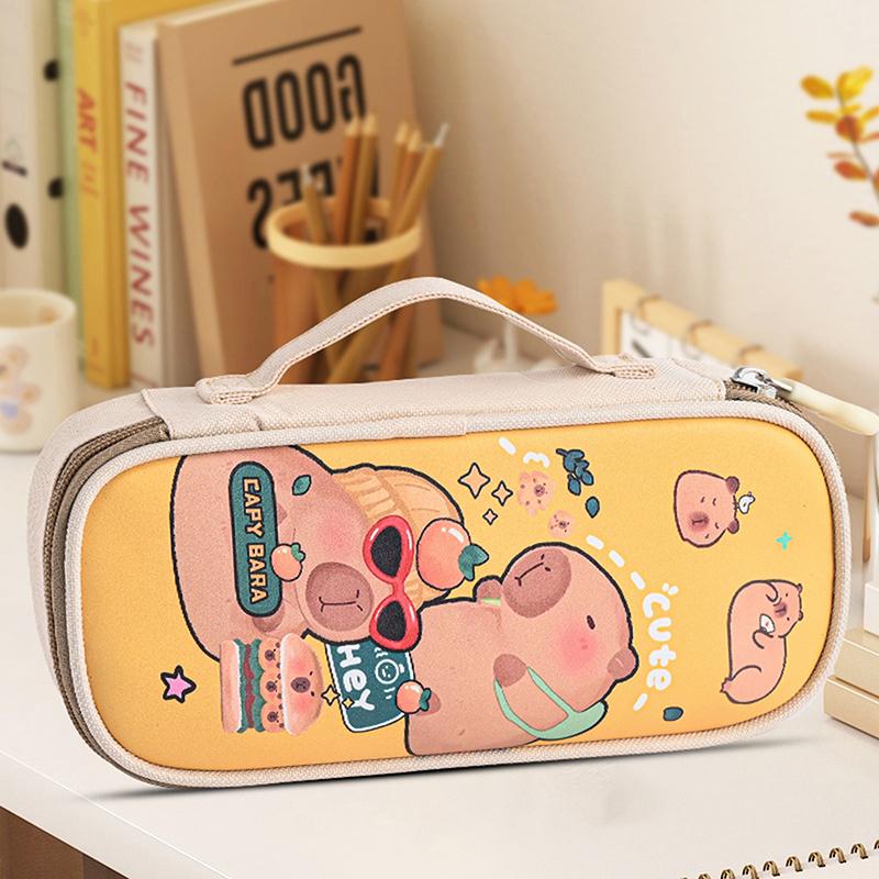 Cartoon Cute Capybara Pencil Case With Handle Portable Pen Bag Student Stationery School Supplies Large Capacity Storage Pen Box