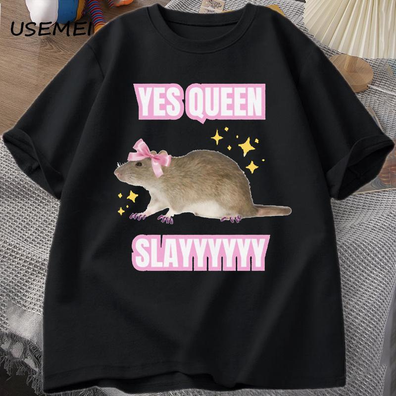 Yas Queen Slay T Shirt Humor Funny Cotton Short Sleeves Rat T-Shirt Men's Clothing Harajuku Retro Oversized Cotton T Shirt