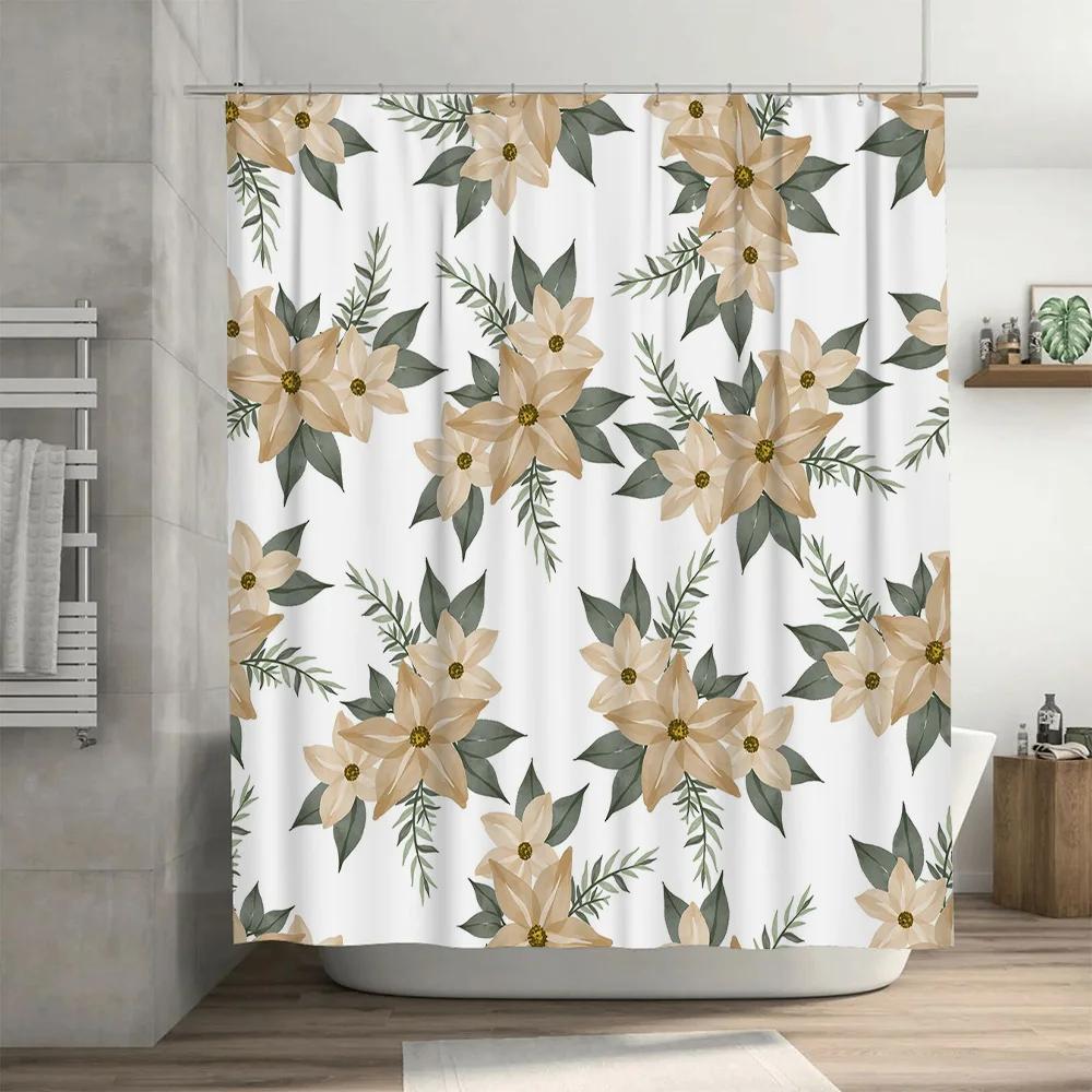 Modern Floral Print Shower Curtain Waterproof Bath Decor Peachy Pink White Green 180x274cm Flower Pattern Shower Curtains Home D