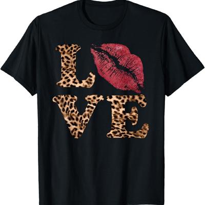 Leopard Print LOVE Red Lips Word Letter Cute Valentine T-Shirt