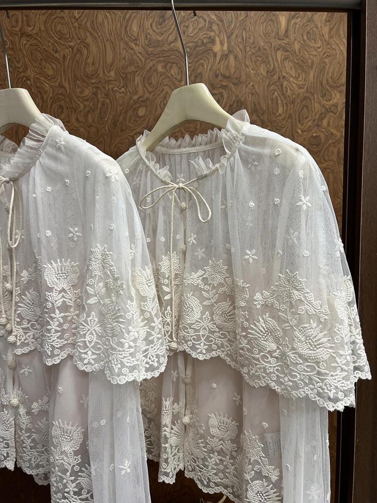 SE Designer 26 Spring Lace Shirt: Double-Layered, Sheer Mesh, Floral Embroidered Cape Cardigan