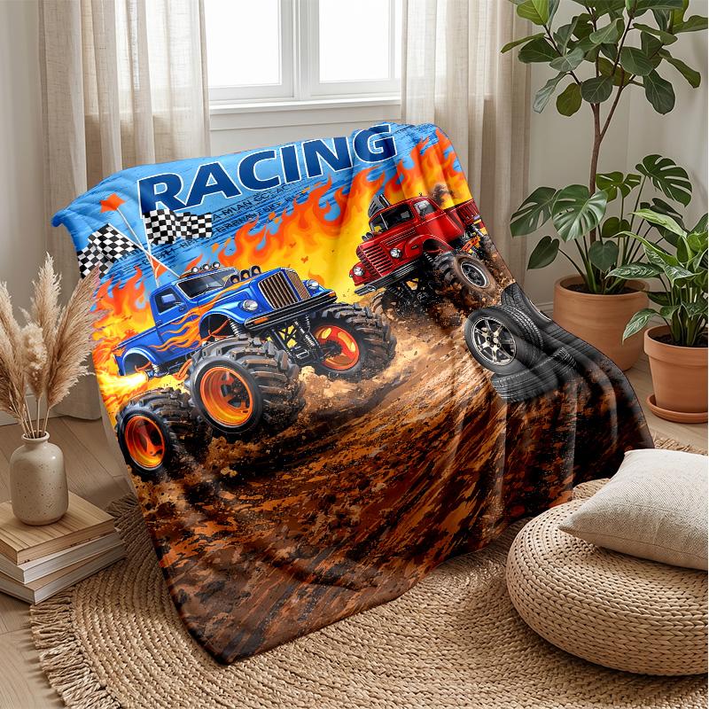 Racing Monster Truck Art Theme Blanket Lightweight Warm Flannel Blanket Decorative Throw Blanket for Home Decoration