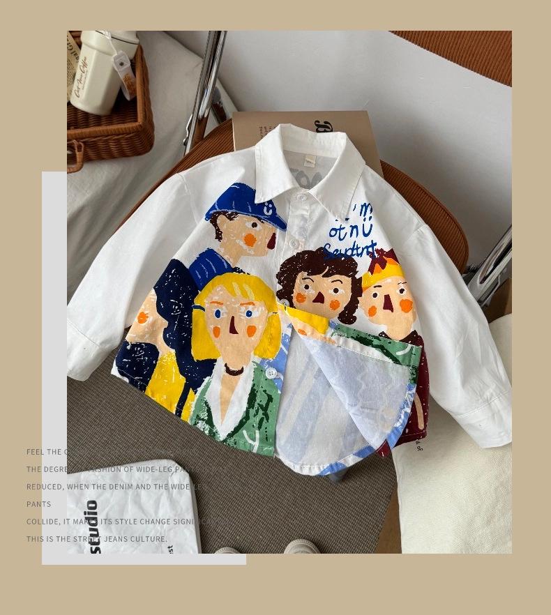 2025 Boys' Spring Cartoon Long-Sleeve Shirt - Korean Style Casual Cotton Top