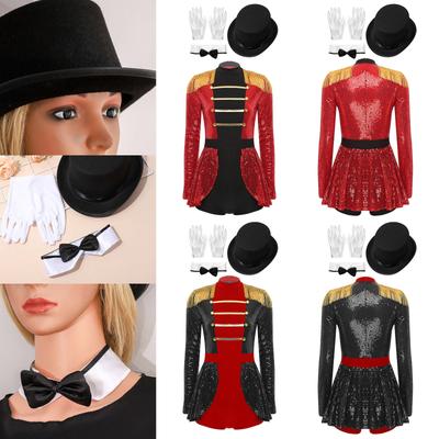 Womens Sequin Circus Ringmaster Bodysuit Top Hat Bow Fake Collar and White Gloves 4-Piece Set for Halloween Magician Party