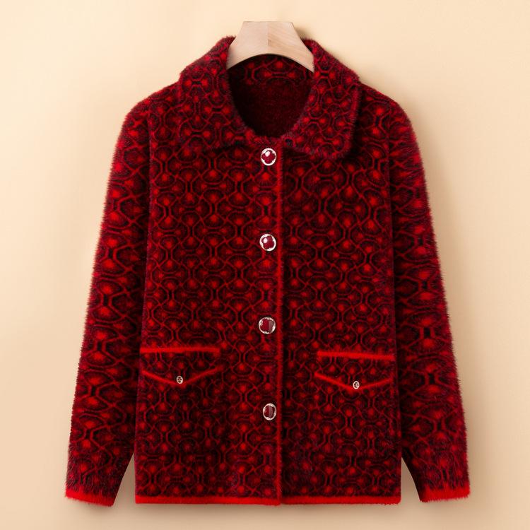 Middle-aged Mother Imitation Mink Wool Knitted Jacket Middle-aged and Elderly Women's Thickened Large-size Sweater Jacket Old Lady Clothes