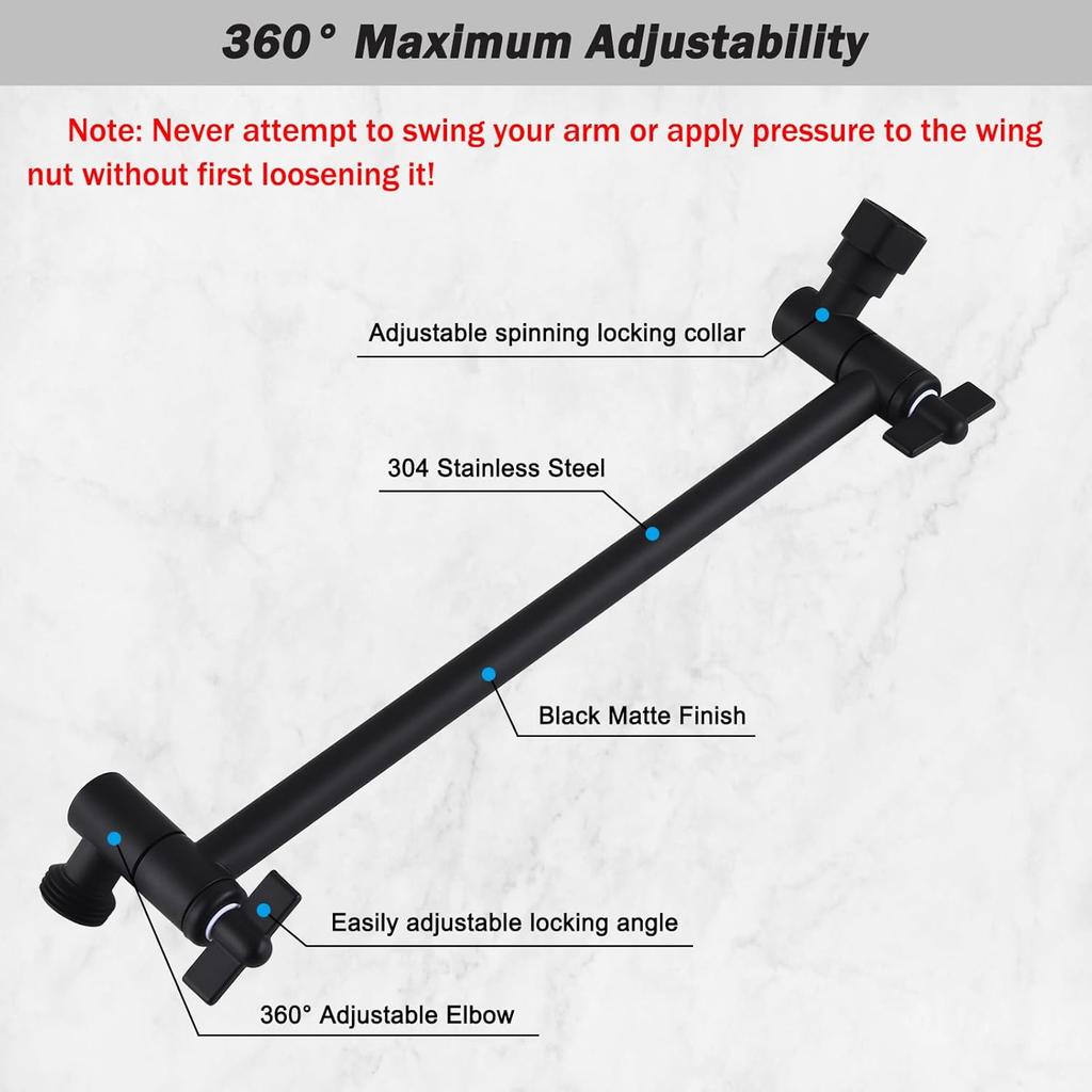 12-Inch Shower Head Extension Arm, Adjustable Shower Extension Arm, Stainless Steel Shower Arm Extender, Compatible with G1/2 Universal Connector,
