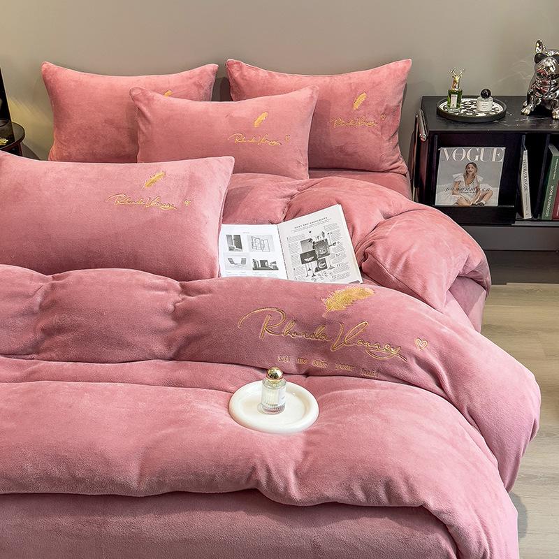 Coral Fleece Milk Velvet Winter Bedding Set: Thickened Embroidered Duvet Cover and Bed Sheet for Dorms.