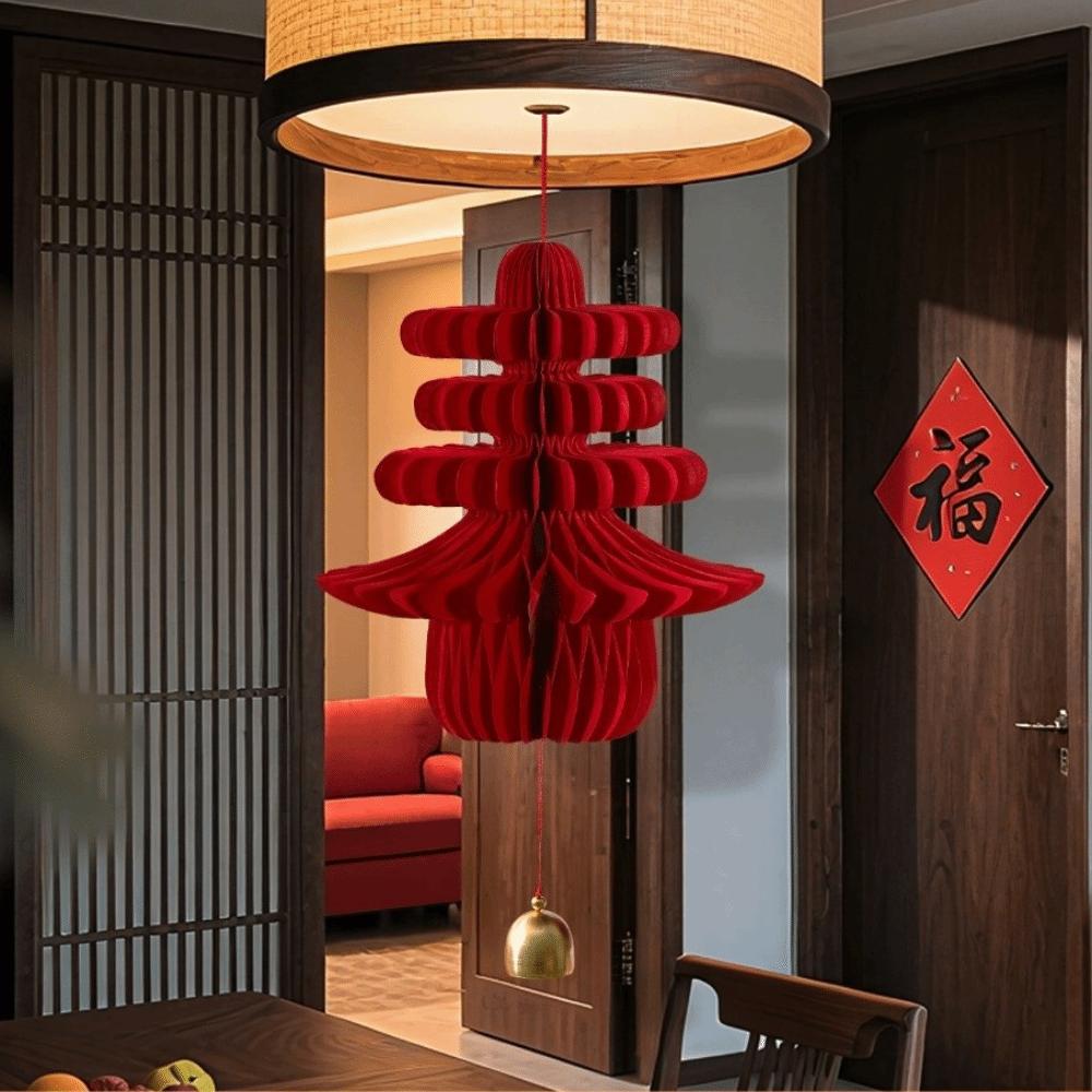 Nouvelles Décorations Nouvel An Nid d'Abeille Rouge en Papier avec Pompon Ornement Arbre de Noël Style Suspendu Boules de Noël Réveillon du Nouvel An