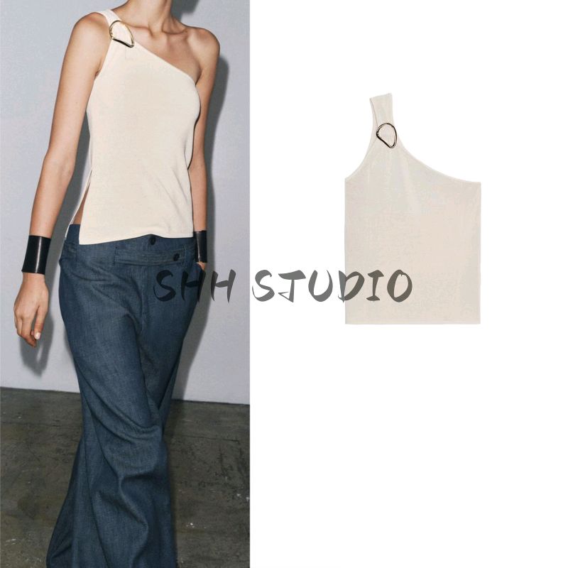 Summer New Women clothes Hem Side Slit Asymmetric Collar Gold-Plated Accessories Knitted Top 2756024