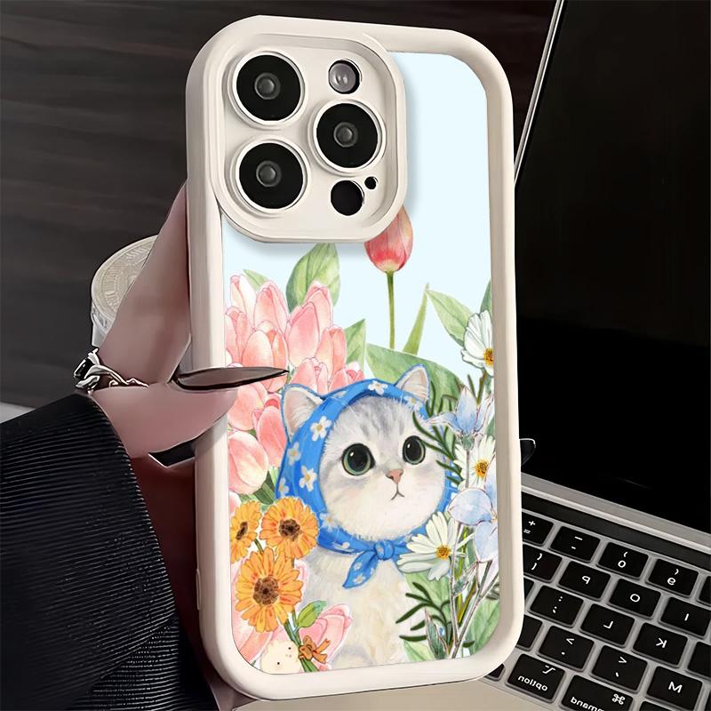 Phone Case for iPhone 17 Air 16E 15 16 Pro Max Cute Floral Headscarf Kitten Cover 14 Plus 13 12 Mini Soft Shell Silicone Fundas