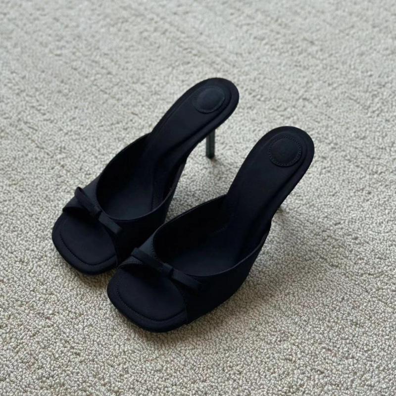 2025 New One-word Strap Open-toed High Heels Women's Shoes Banquet Solid Color Sandals Summer French Temperament Bow