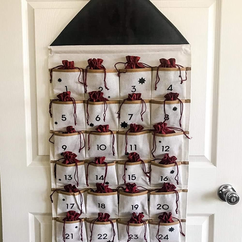 Christmas Advent Calendar with Pockets Wall Hanging Bag for Home Xmas Countdown Decoration (Black)