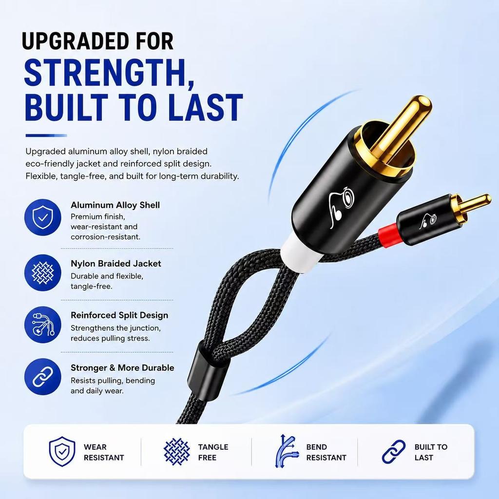 RG 2 RCA to 2 RCA Audio Cable Male to Male Stereo AV Cord Gold-Plated HiFi Cable for Speaker Amplifier TV DVD PlayerGood product