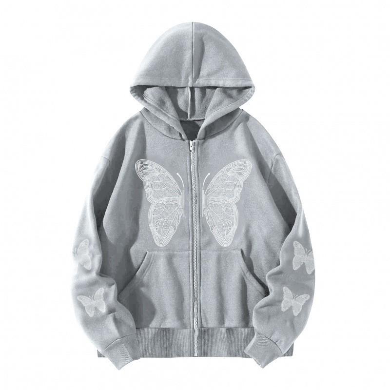 Oversized Y2K Butterfly Print Hooded Zip-Up Sweatshirt Women Men Loose Fit Streetwear With Front Pockets Air Layer