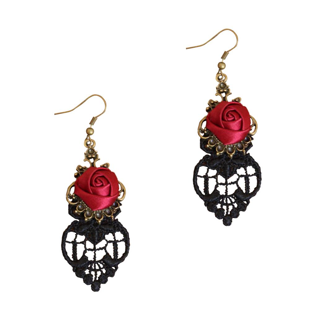 

Gothic Dangle Earrings Medieval Retro Vampire Silk Red Rose Lace Elegant Party Costume Ball Drop Earrings Women Jewelry