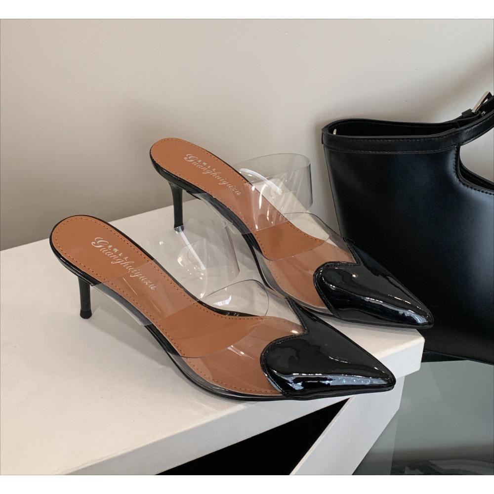 Pantofi eleganți cu toc înalt tip mules, cu vârf ascuțit, PVC transparent și inimă, pentru femei 2025, negri, albi, roșii, pantofi de lux de designer