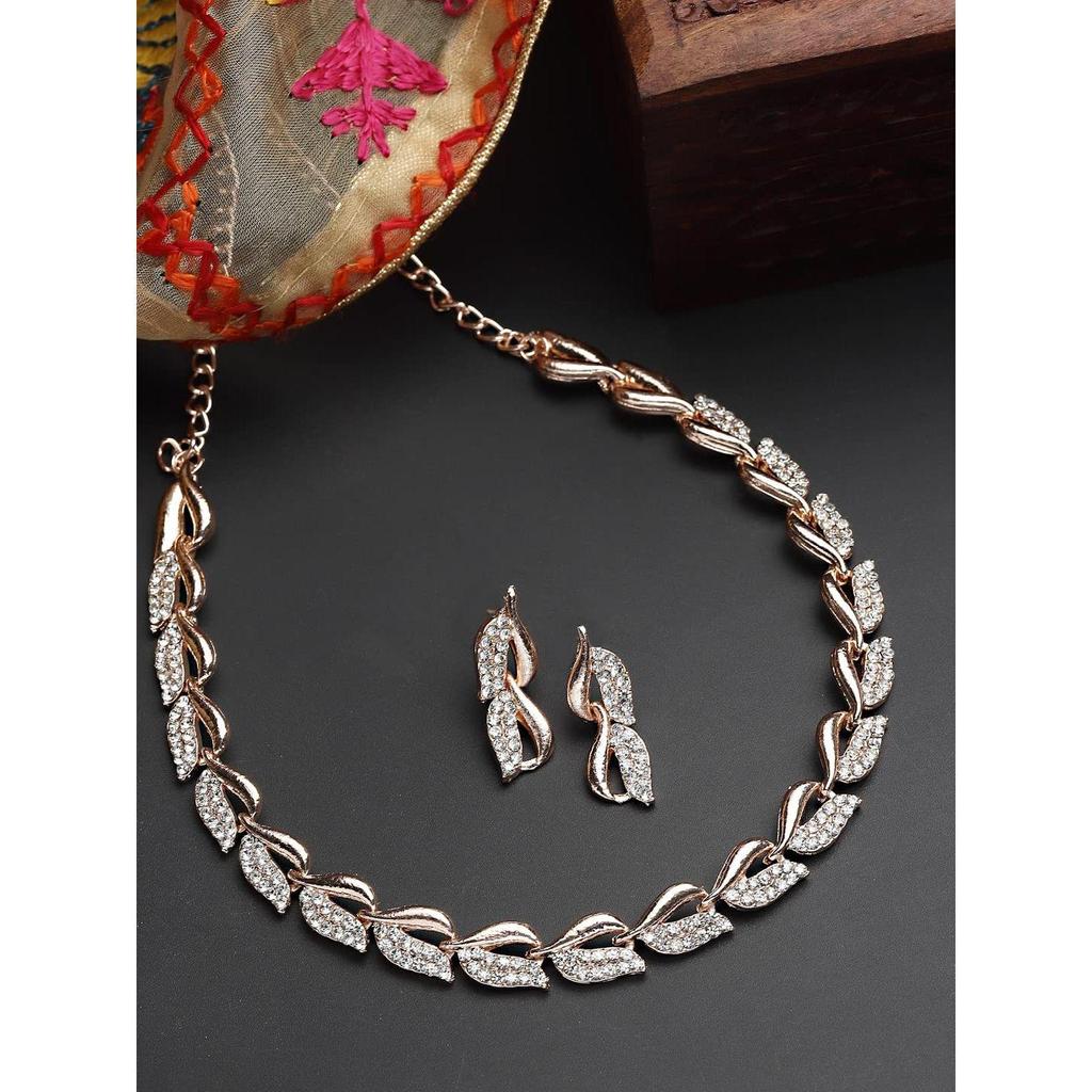 Women American Diamond Studded Intrcately Designed Leaf Shaped Necklace With Earring Jewellery Set For Women and Girl