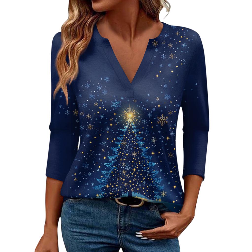 Women's Casual Fashionable Sexy Comfortable V-Neck Christmas Three-Quarter Sleeve Top