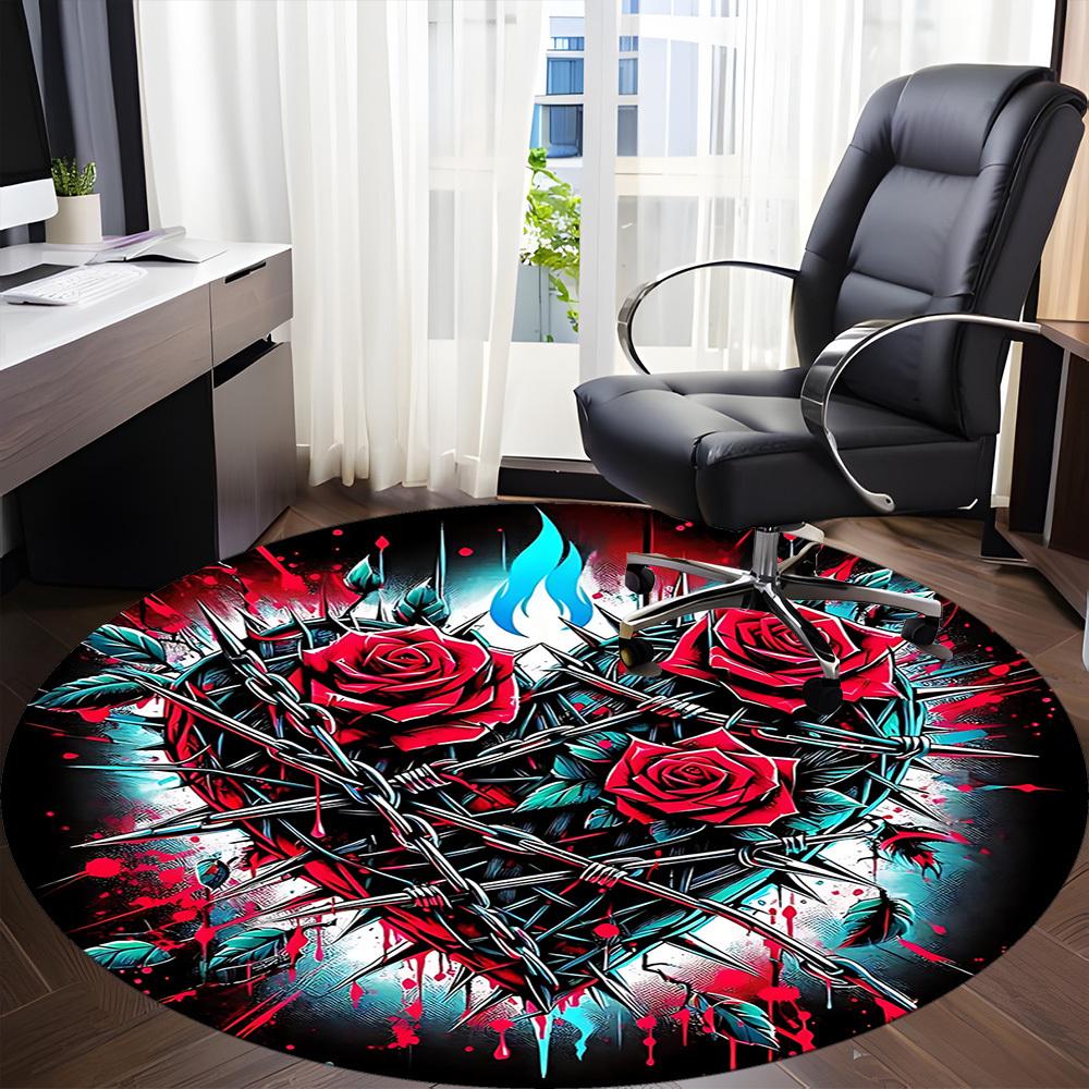 1 buc. Covor rotund pentru birou cu trandafiri din sârmă ghimpată, Antiderapant, Moale și Durabil, Covor de birou pentru Decorarea Interioară, Perfect pentru Birou