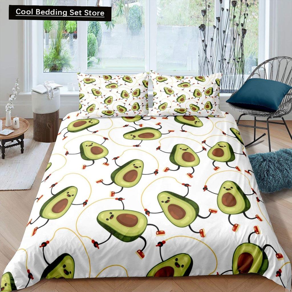 Husă de pilotă verde avocado King Queen Set de lenjerie de pat cu avocado din desene animate Husă de pilota cu fructe Husă de pilotă din poliester cu plante tropicale