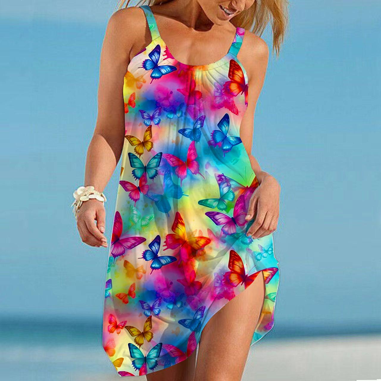

Женское пляжное платье, пляжная одежда, мини-платье с красочным принтом бабочек, повседневное современное платье без рукавов, свободного кроя, для улицы, повседневное, розового и синего цвета, летнее 3XL синий