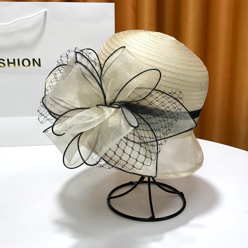 Eleganter Outdoor-Sonnenhut mit Blume und Schleife, Strandhut, UV-beständig, Französischer Zylinder