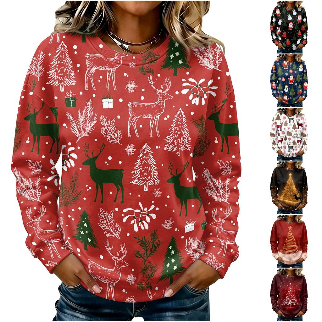 Women's Casual Long Sleeve Christmas Print Crewneck Sweatshirt Top for Fall and Winter