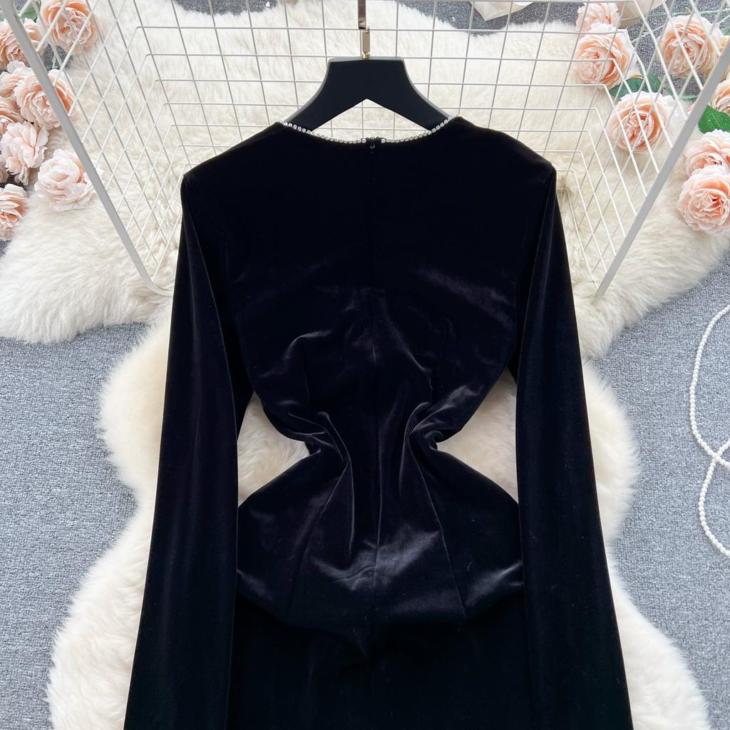 Rochie de petrecere de Crăciun cu dantelă din catifea, în stil Hepburn, cu margele, rochii de seară cu guler pătrat, negru, subțire