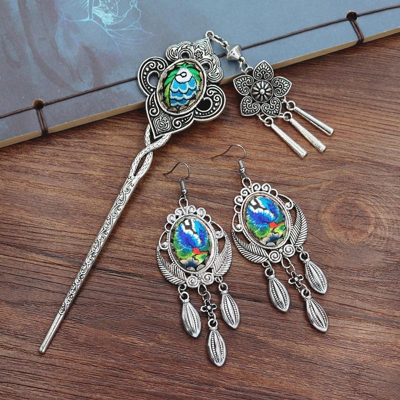 Vintage embroidery earrings hairpin classical temperament Miao peacock flower fringed earrings hair accessories set women