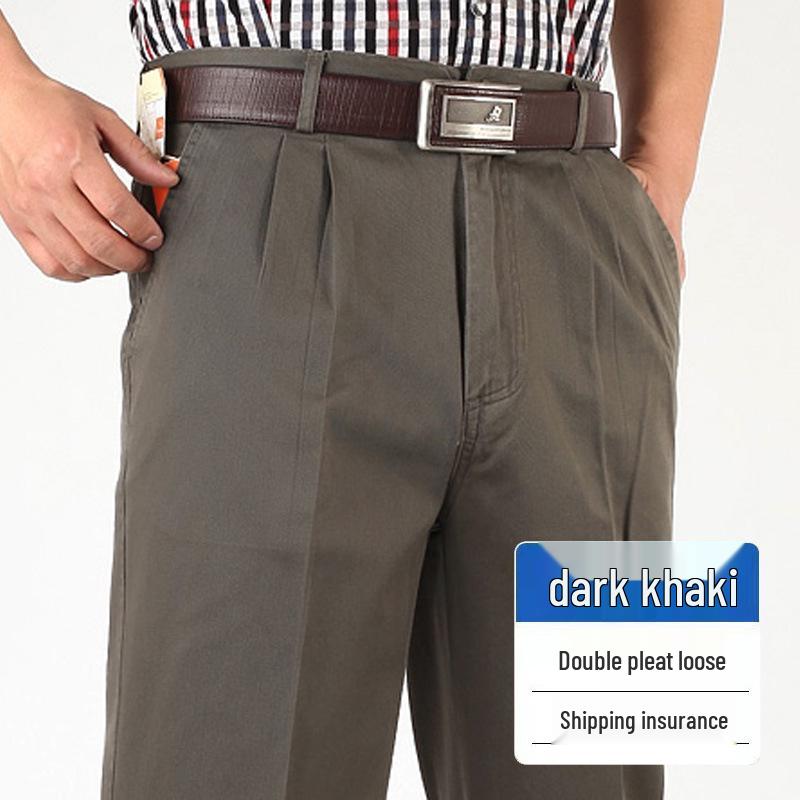 Dad's Pants Men's High Waist Cotton Double Pleated Loose Fit Pants for Spring & Autumn