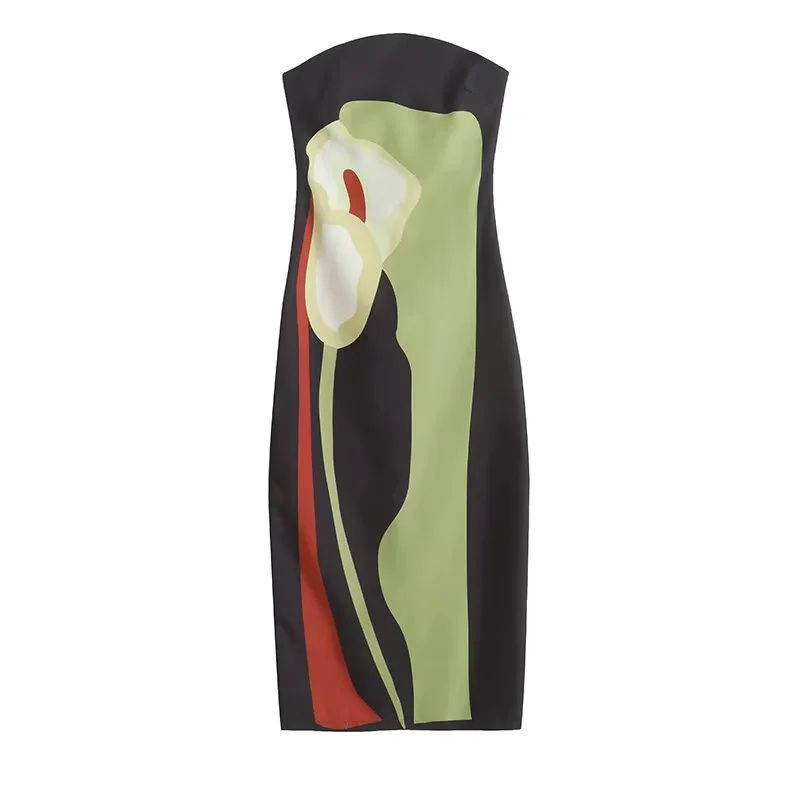 

Spring New Women clothes European and American Holiday Style Sexy Backless Slim fit Slimming Sheath Print Tube Top Dress Black L